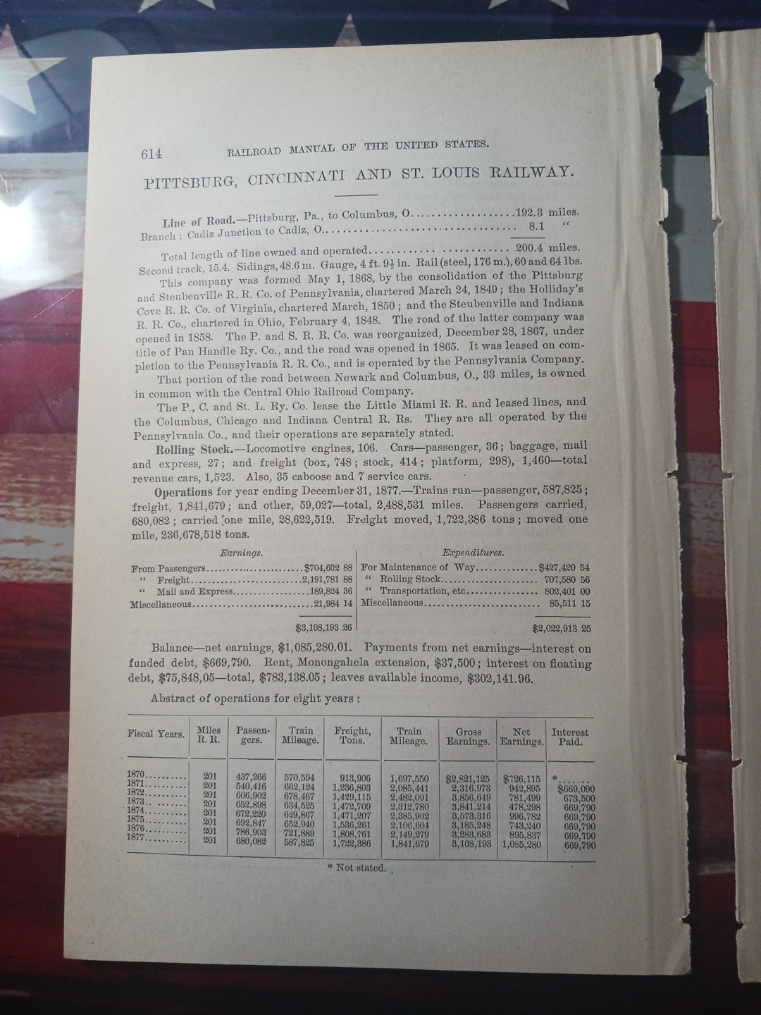 ~1878 Train Report PITTSBURGH CINCINNATI & ST LOUIS RAILWAY Cadiz Ohio Railroad 