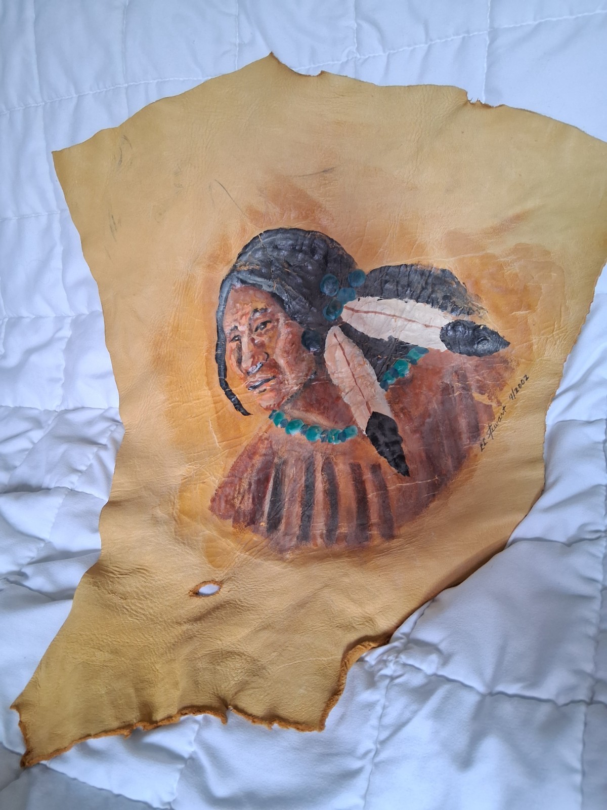 Native American Indian Painting on Leather Hide Hand Painted LL Stewart Vintage