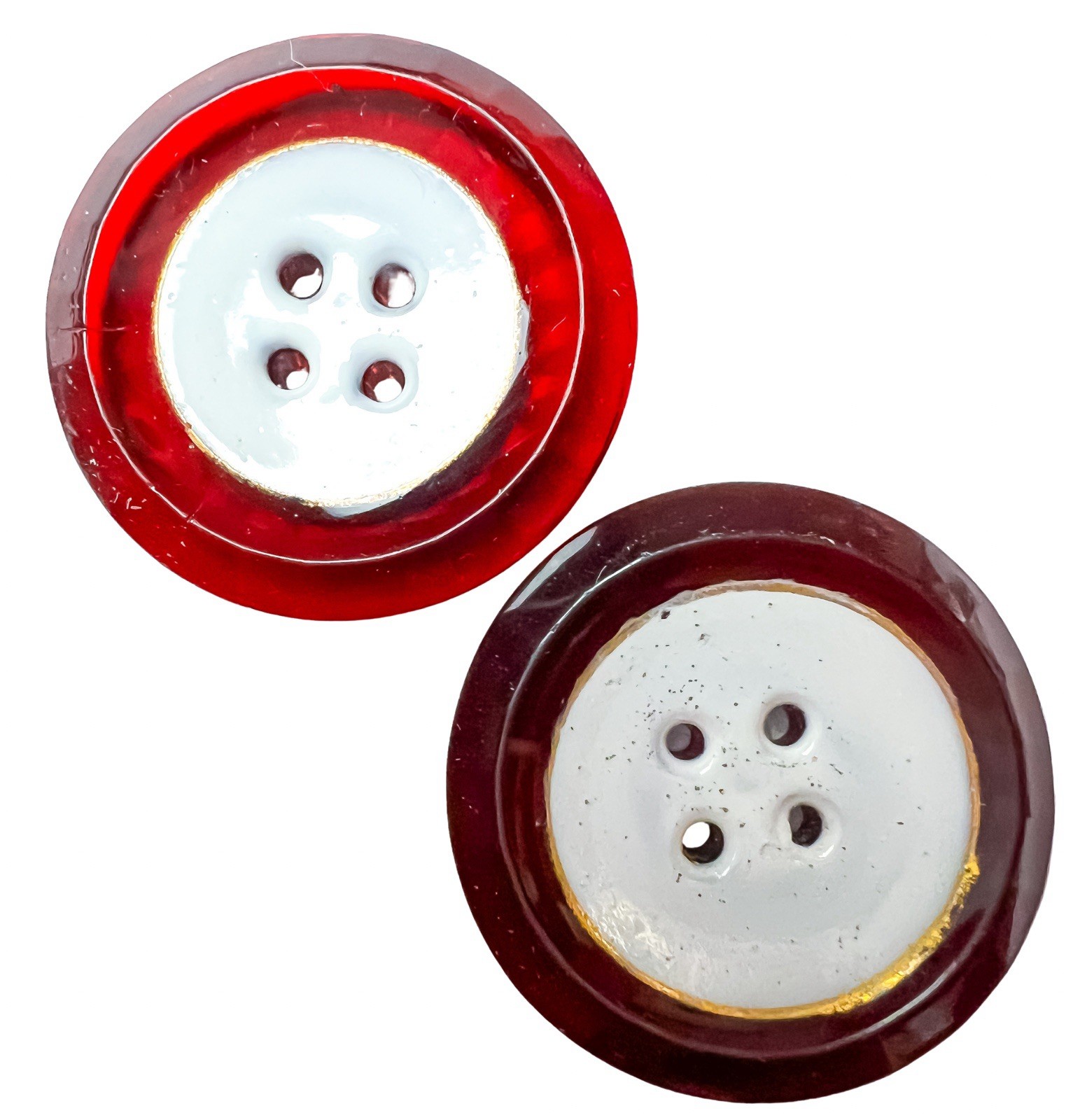 Rare Pair Of Antique Red Glass Buttons Sew Thru Faceted White Center Gold Line