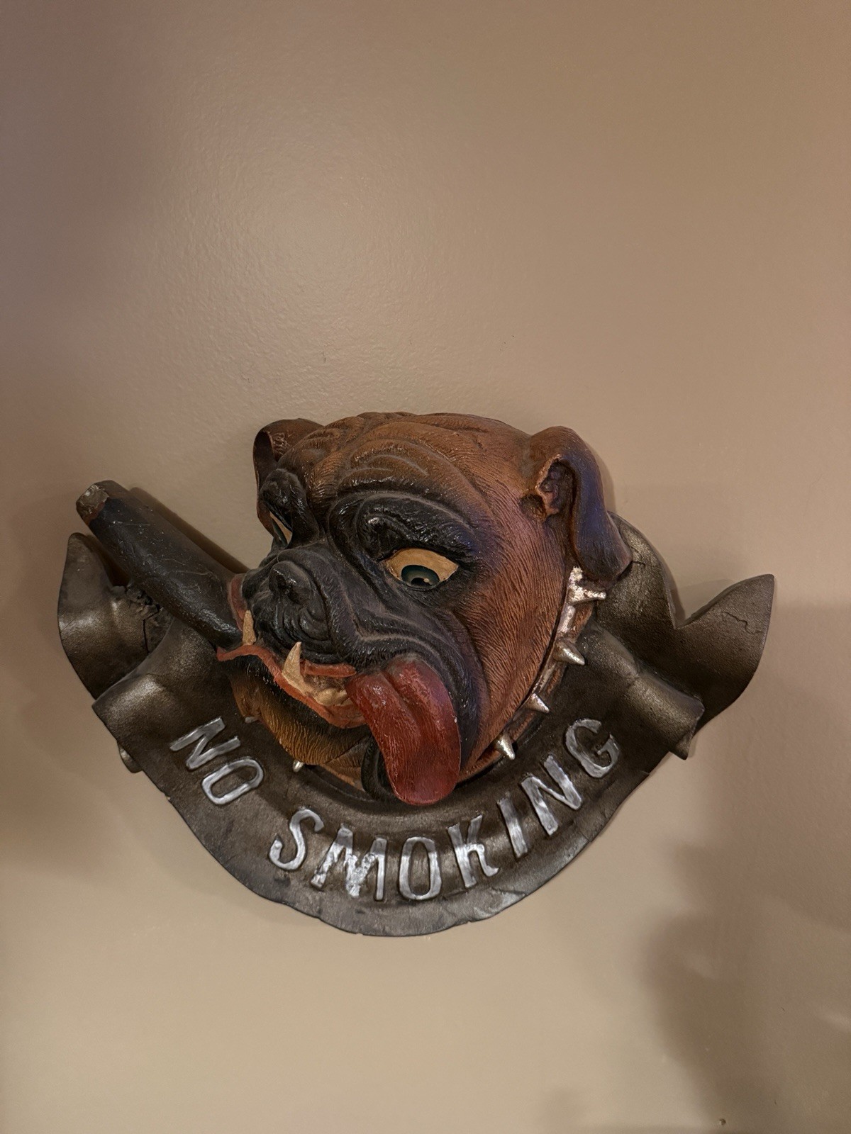 Vintage Bar Sign Cigar Smoking English Bulldog Dog GOLD NO SMOKING MAN CAVE