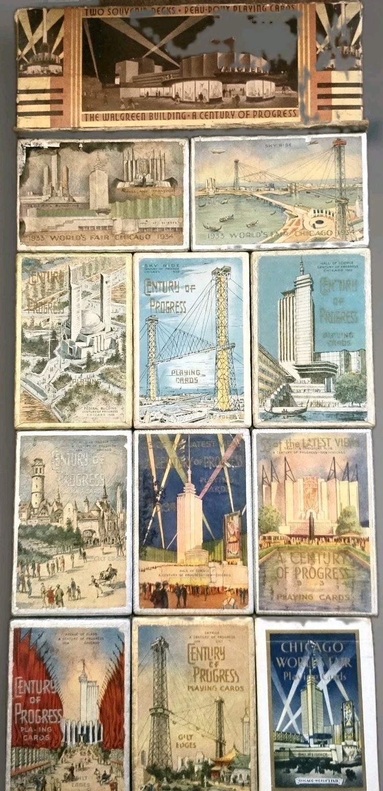 Rare 1933 Chicago World\'s Fair Playing Card Lot-13 Decks, 4 SEALED, Walgreen Dbl