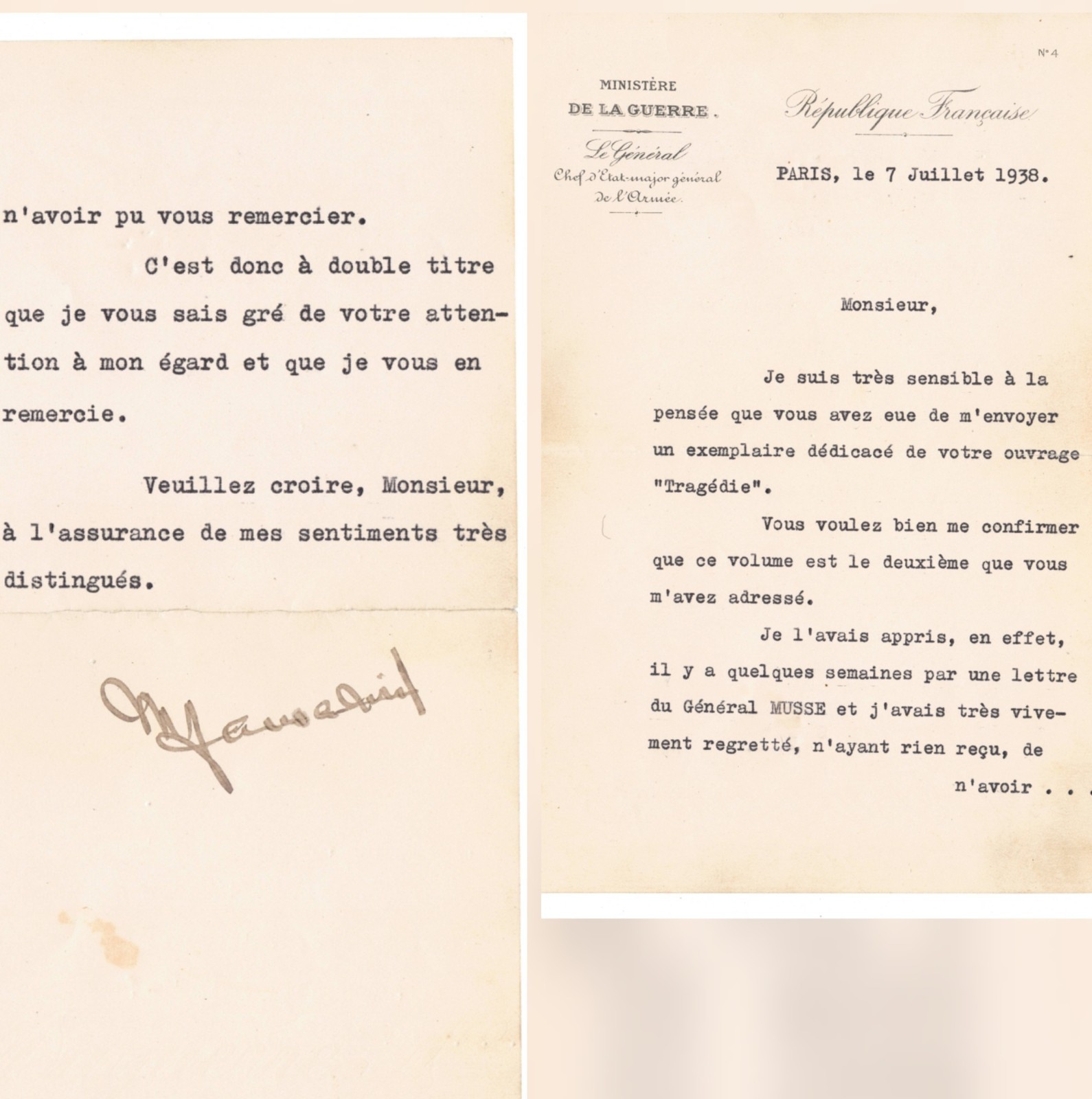 1938 General Maurice Gamelin Signed Letter French Army Chief Pre-WWII Poland TLS