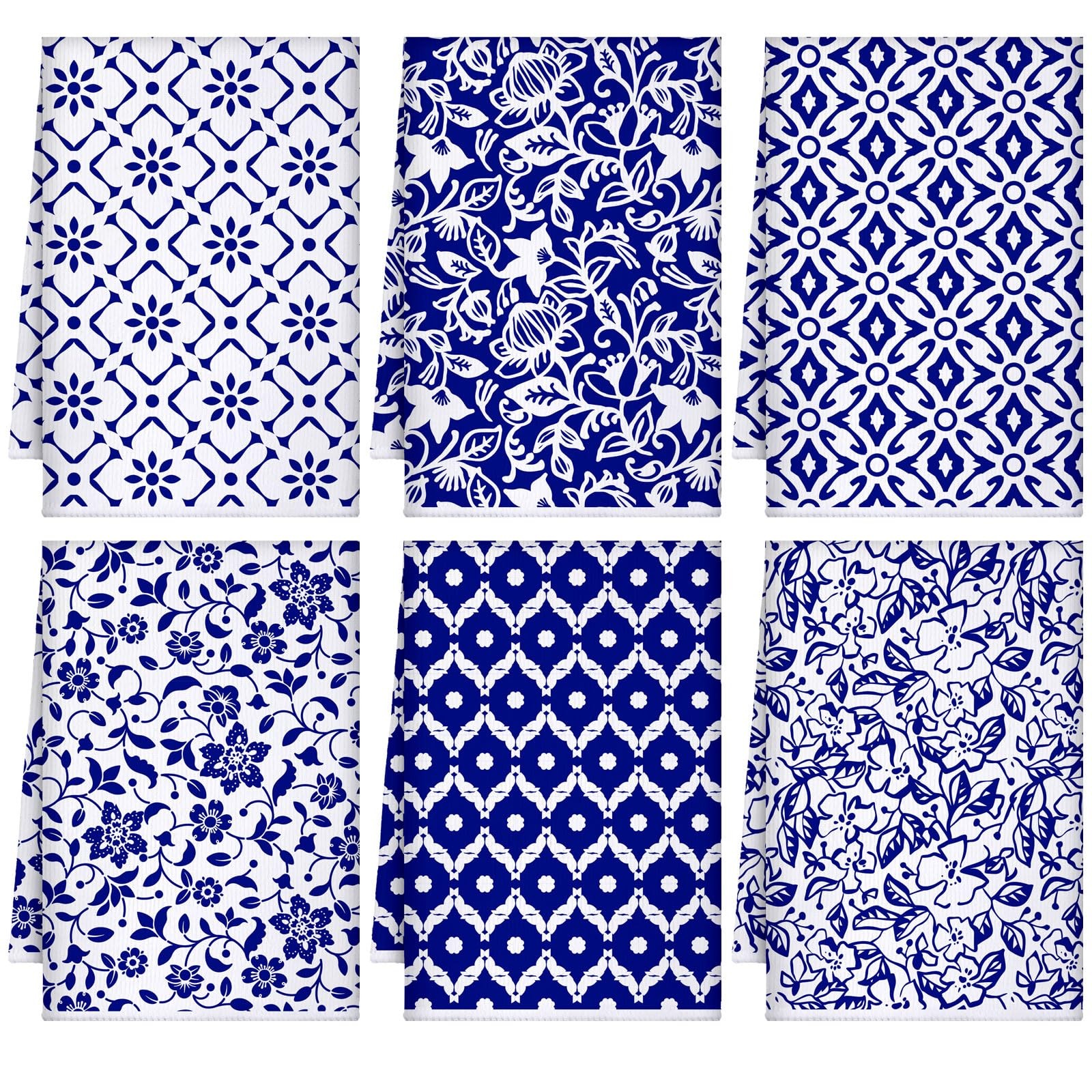 FuWeave 6 Pcs Kitchen Towels Decorative Set 15.75 x 23.62 inches, Blue,white 
