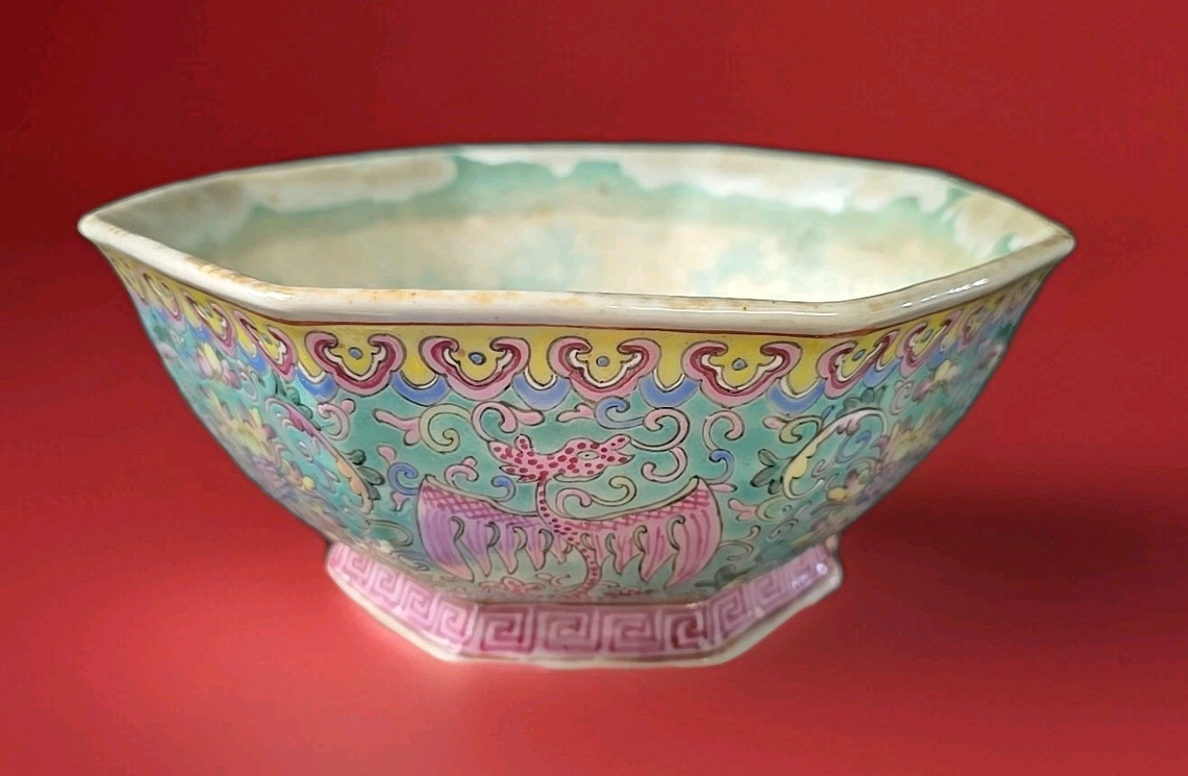 Antique Republic Period Chinese Enameled Faceted Bowl Famille Rose  Phoenix 9\