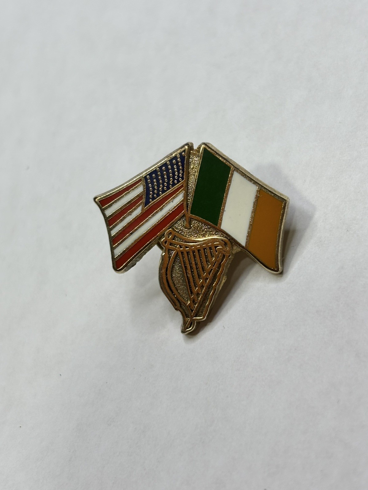 Vintage USA Ireland Crossed Flags Enamel Lapel Pin – Irish American Pride Harp