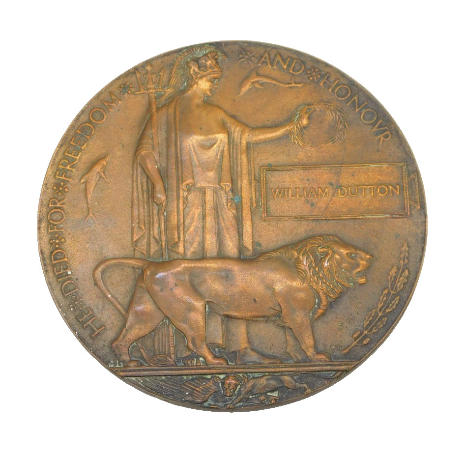 WW1 British Army Bronze Death Plaque Penny 'William Dutton' Antique c1915