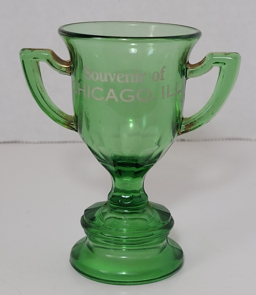 Trophy Loving Cup, Souvenir of Chicago, Ill. Green EAPG Tiffin, Toothpick 
