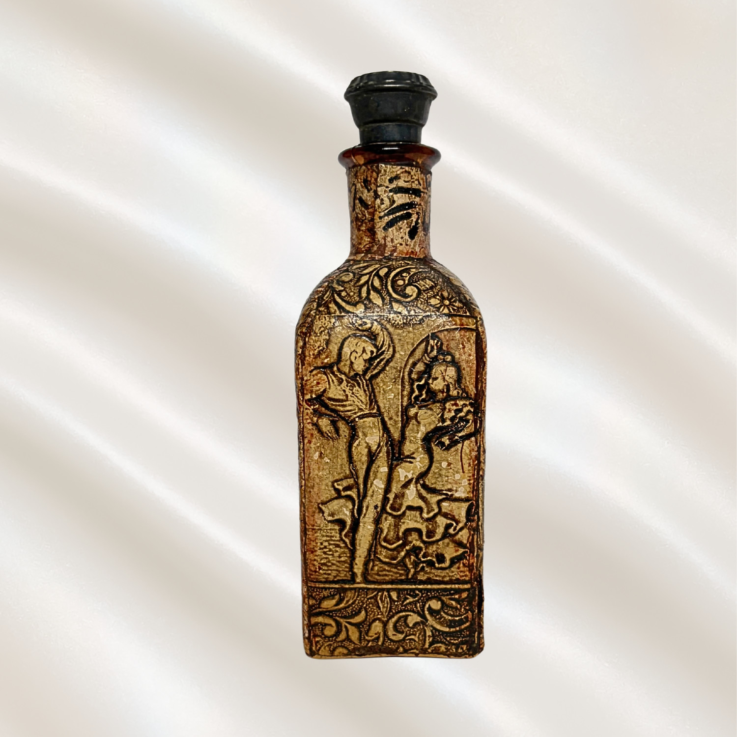 Vintage Spanish Tooled Leather Decanter Bullfighter Bull Made in Spain