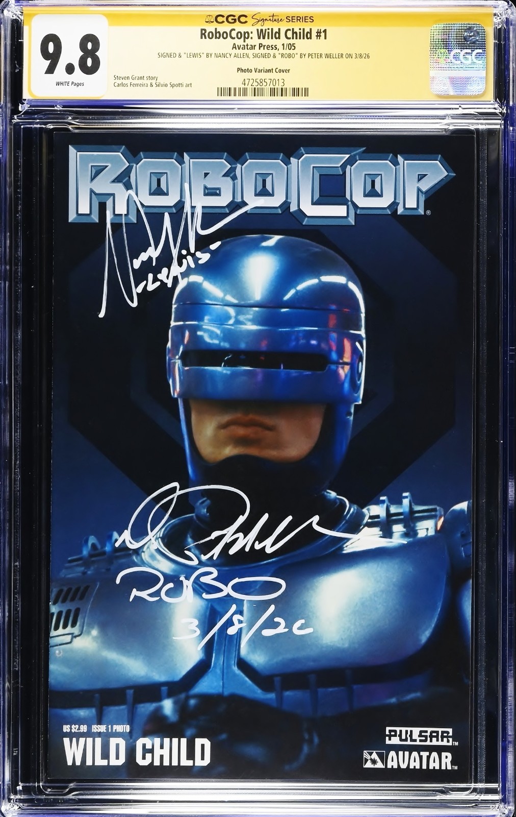 ROBOCOP WILD CHILD #1 PHOTO VARIANT CGC 9.8 SS Signed Peter Weller & Nancy Allen