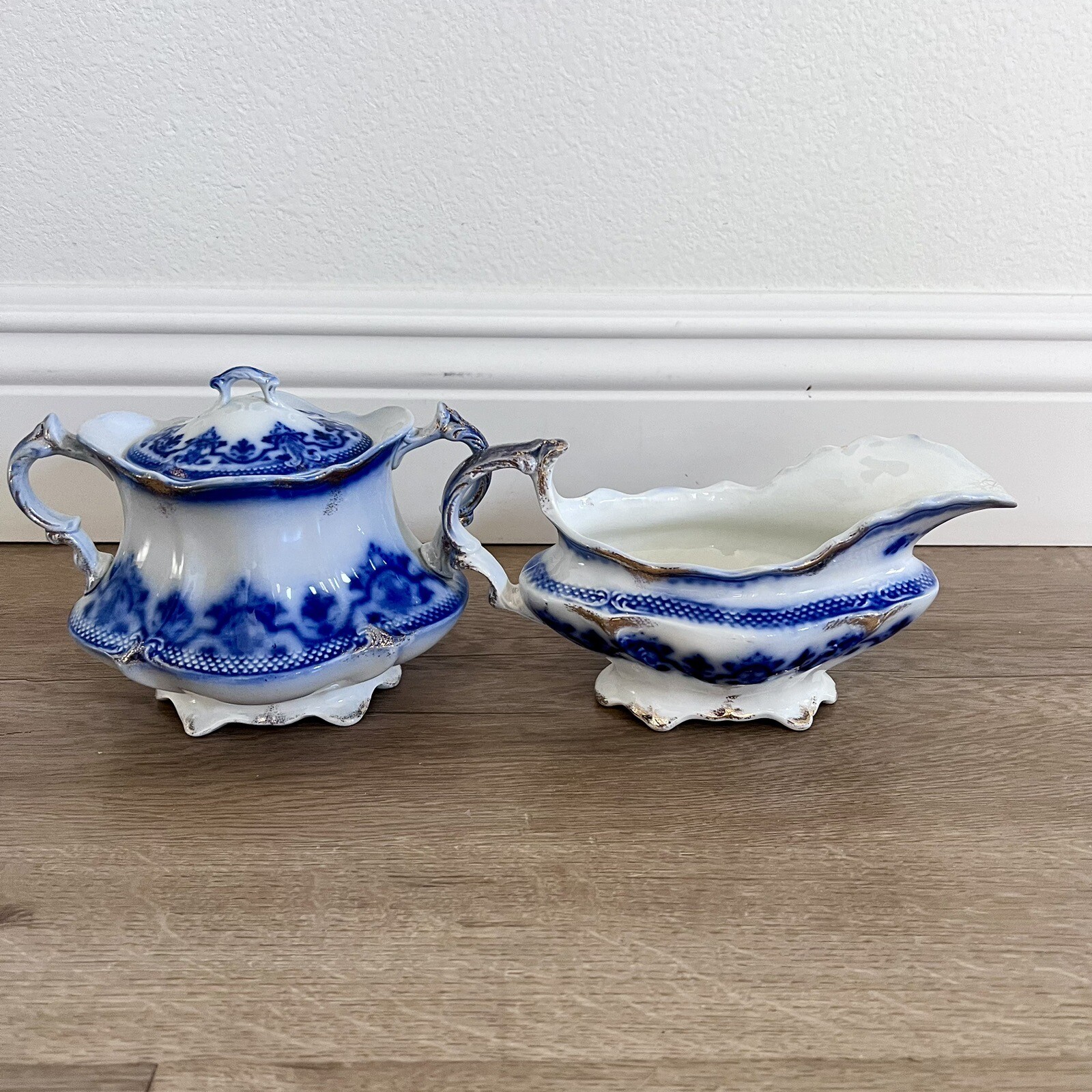 Antique C. 1886 W H Grindley Co. Flow Blue Creamer & Sugar Bowl With Lid - RARE