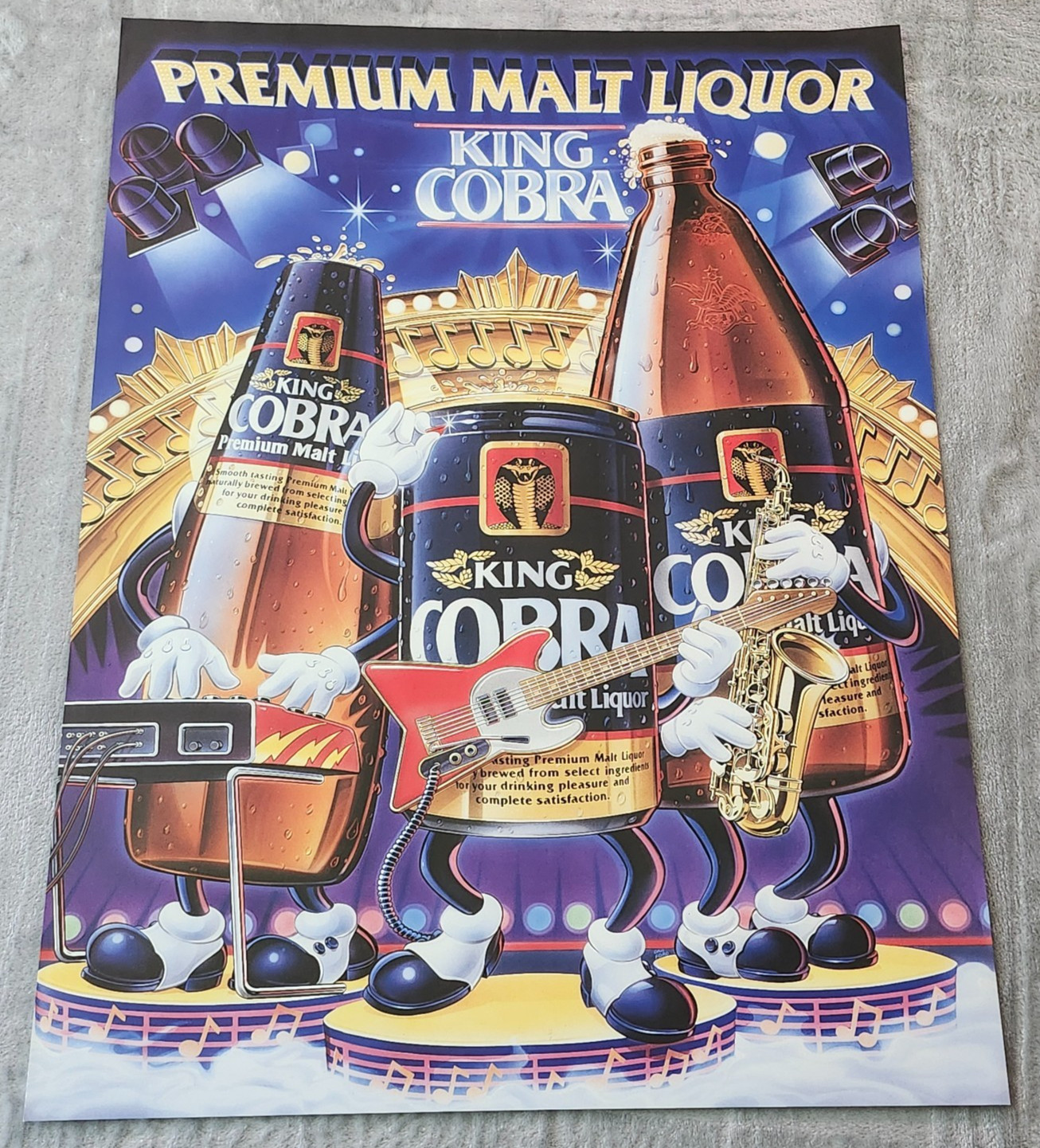 Vintage 1986 King Cobra Premium Malt Liquor Beer Cartoon Band Bar Poster 