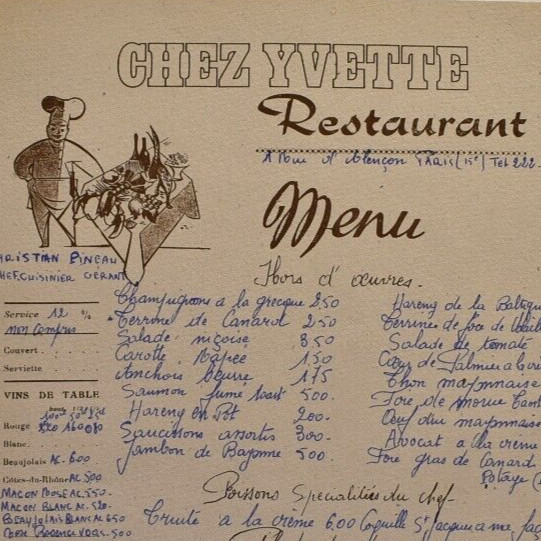 Vintage 1967 Chez Yvette Restaurant Menu Bistro Rue d'Alencon Paris France