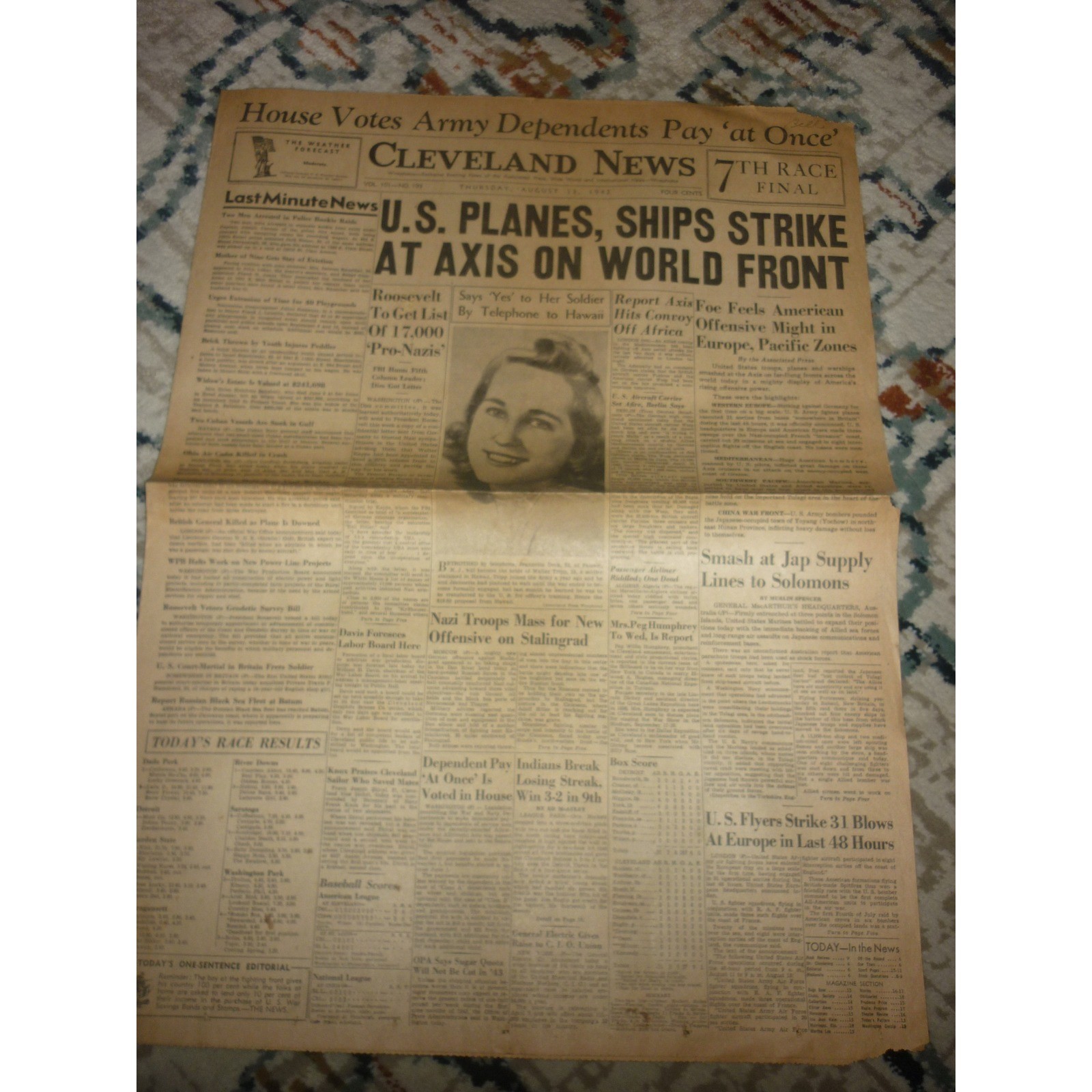 Aug 13 1942 Cleveland News WWII Newspaper Guadalcanal Solomons Stalingrad