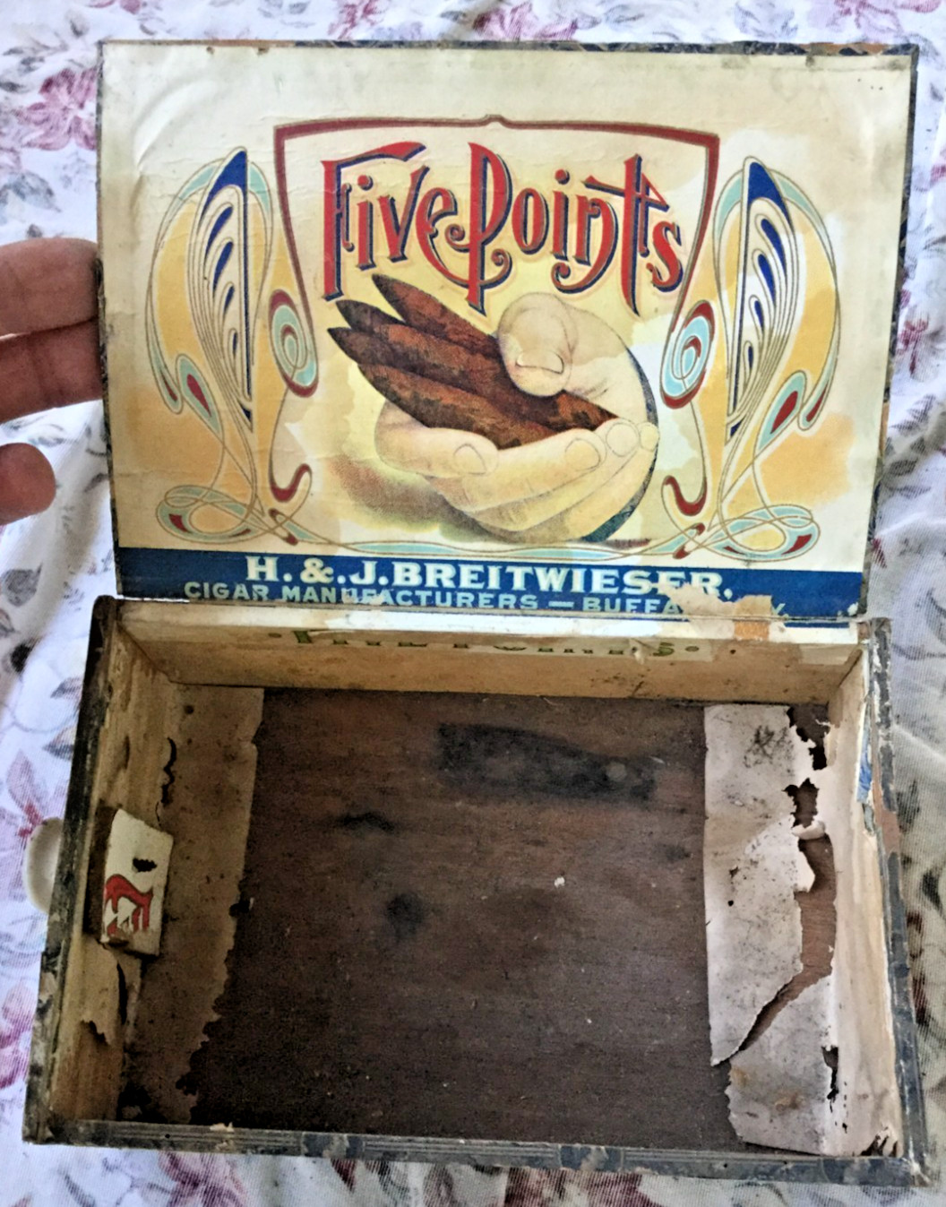 Antique Cigar Box Late 19th Century Five Points H & J Breitwieser Buffalo ny