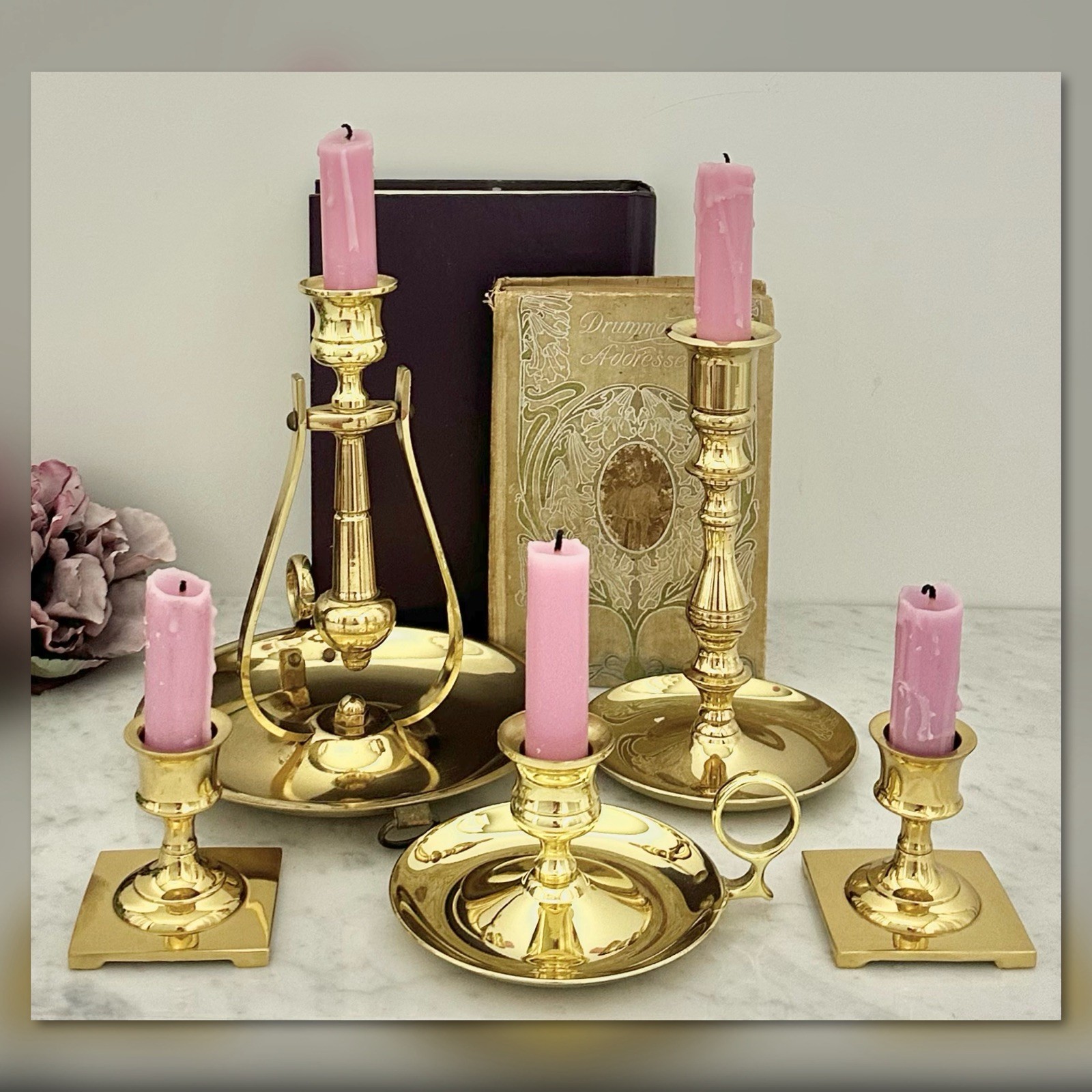 5 Vintage Solid Brass Candlesticks Taper Candle Sticks Mixed Lot Finger Loop