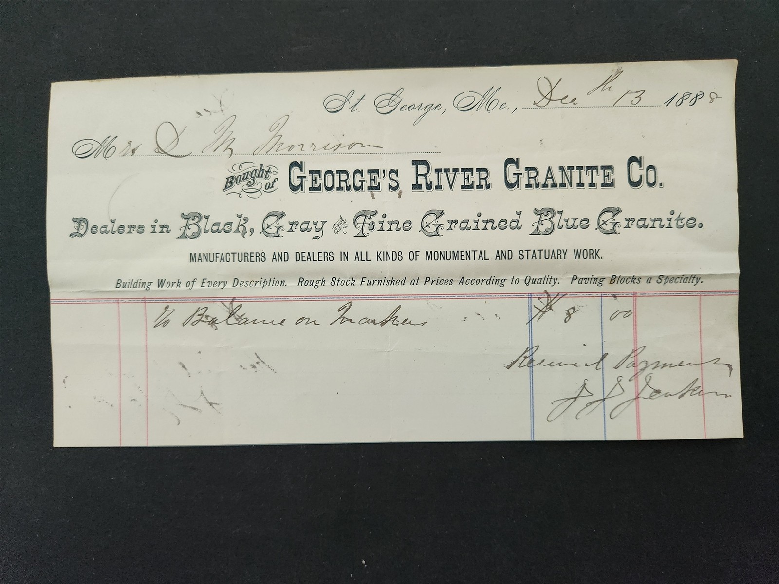 1888 antique GEORGE\'S RIVER GRANITE Co st george me MONUMENT STATUARY funerarium