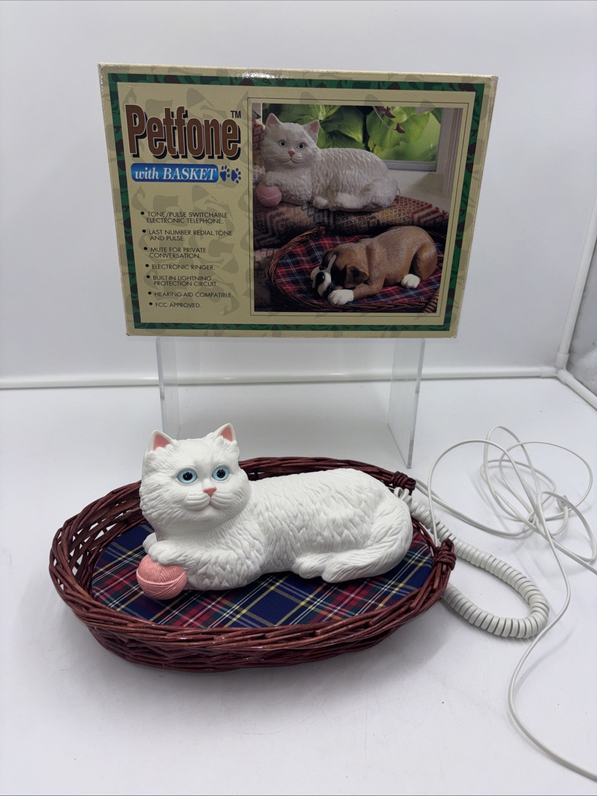 Vintage 1993 Kingsway Petfone Cat Telephone With Basket Original Box Retro