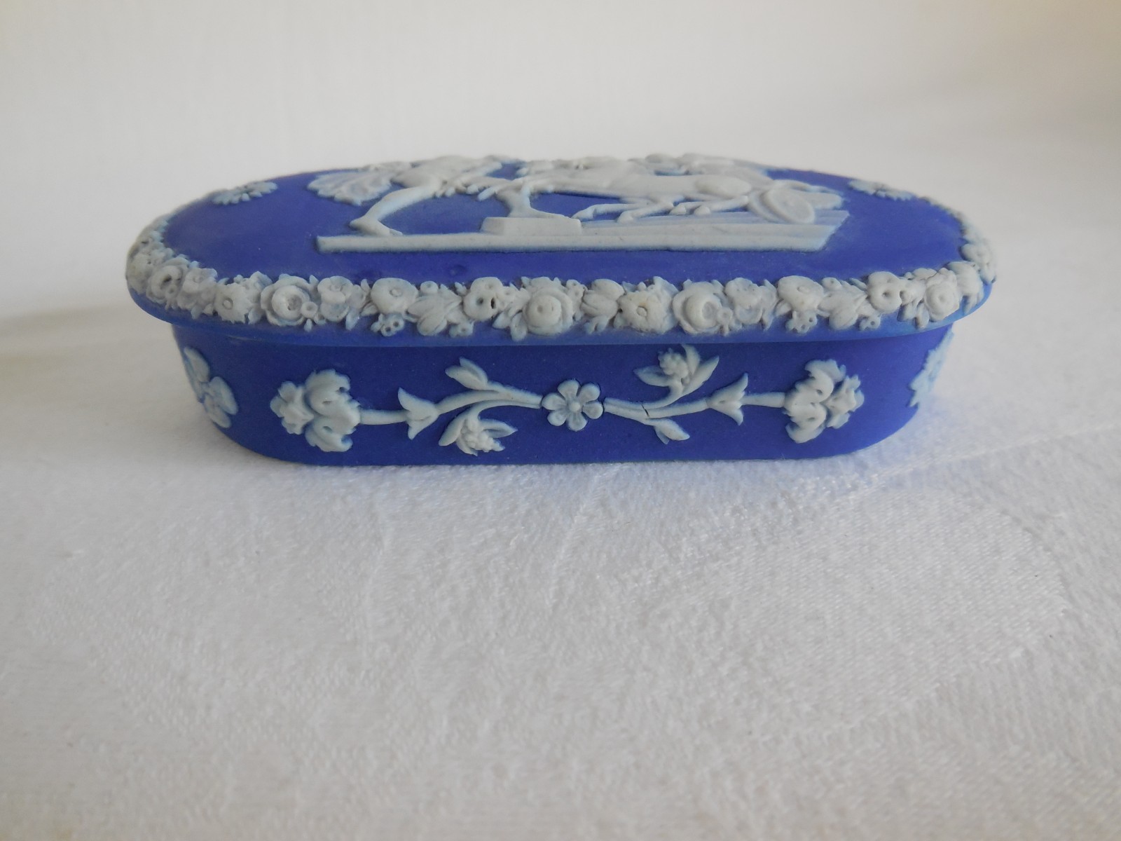 Antique c. 1860 Wedgwood Blue Dip Jasperware Oval Ulysses Box With Taper Holes