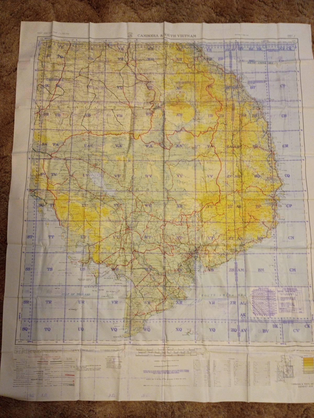 VINTAGE, RARE USAF AIR PILOTS MAP of VIETNAM and CAMBODIA (WATER-PROOF VINYL)