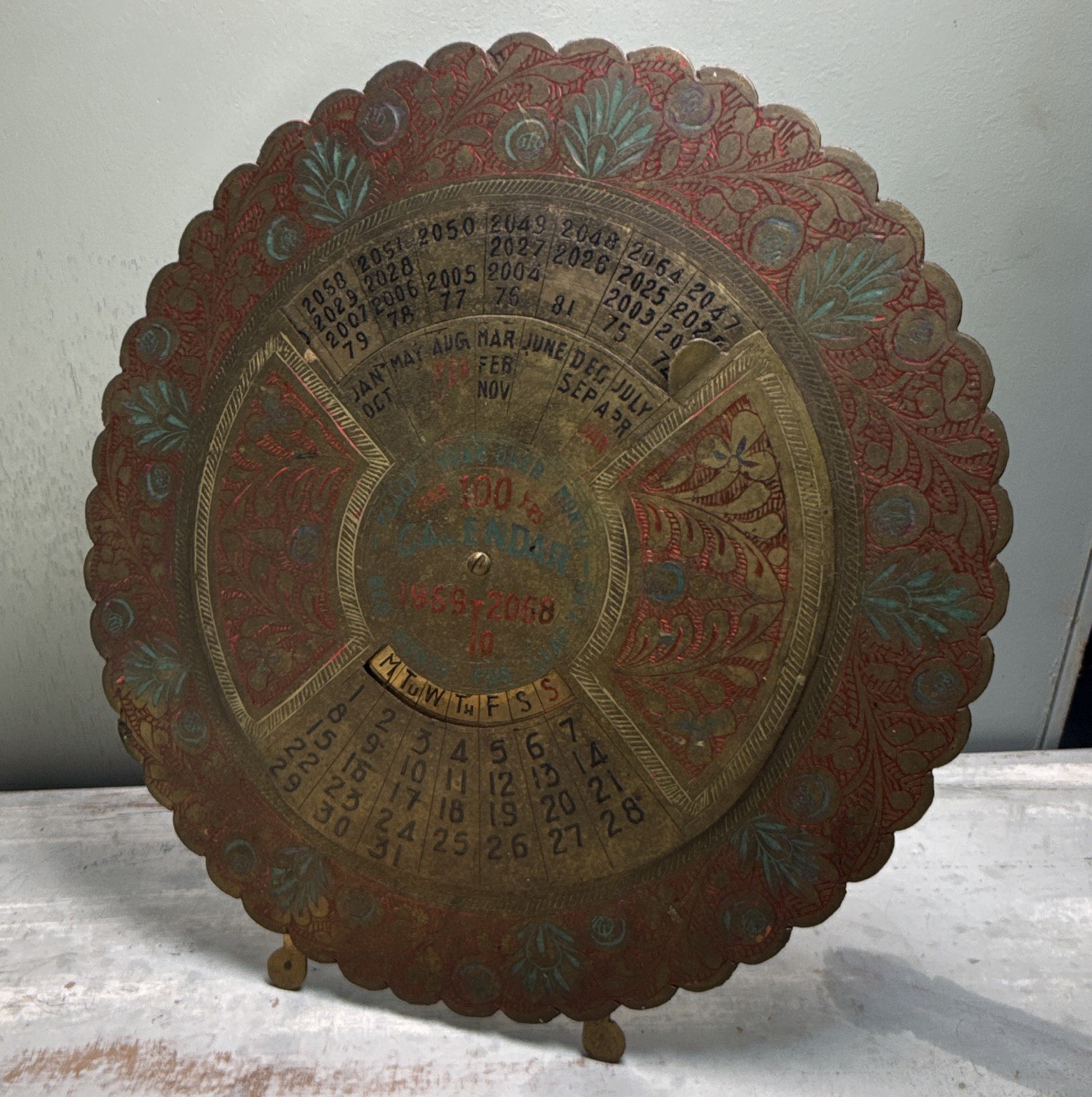 Vintage Brass Metal Perpetual Calendar Disc Stand Years 1969-2068 Quing Dynasty 