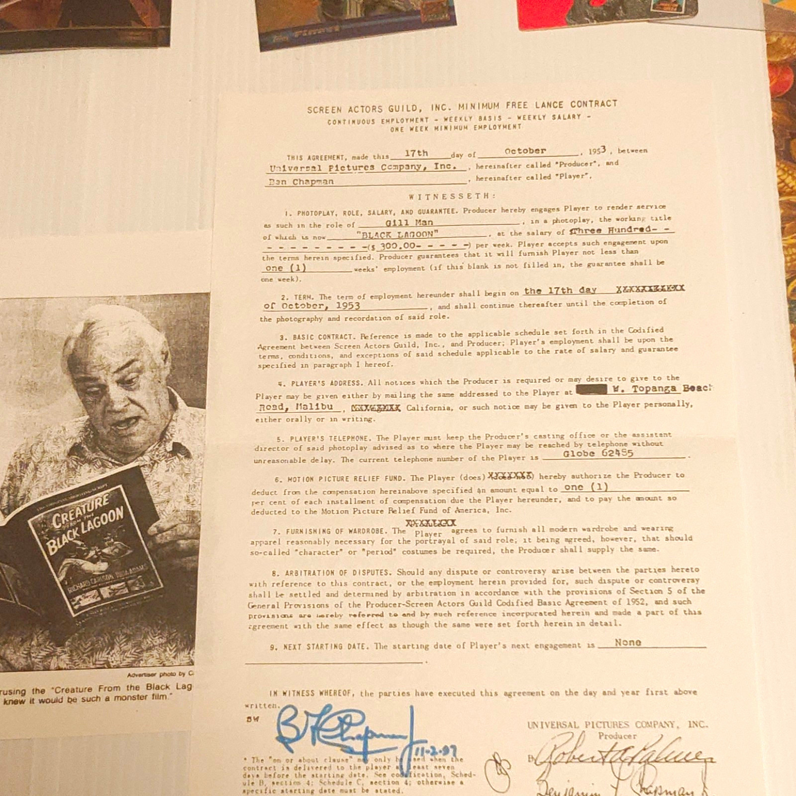 Screen Actors Guild Minimum Base Contract Signed Gene Autry