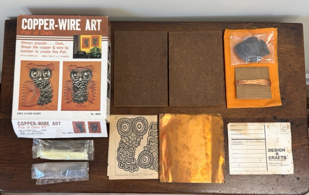 NOS 1975 Donald Art Copper Wire Art Pair of Owls Kit #8003 Complete in Box VTG