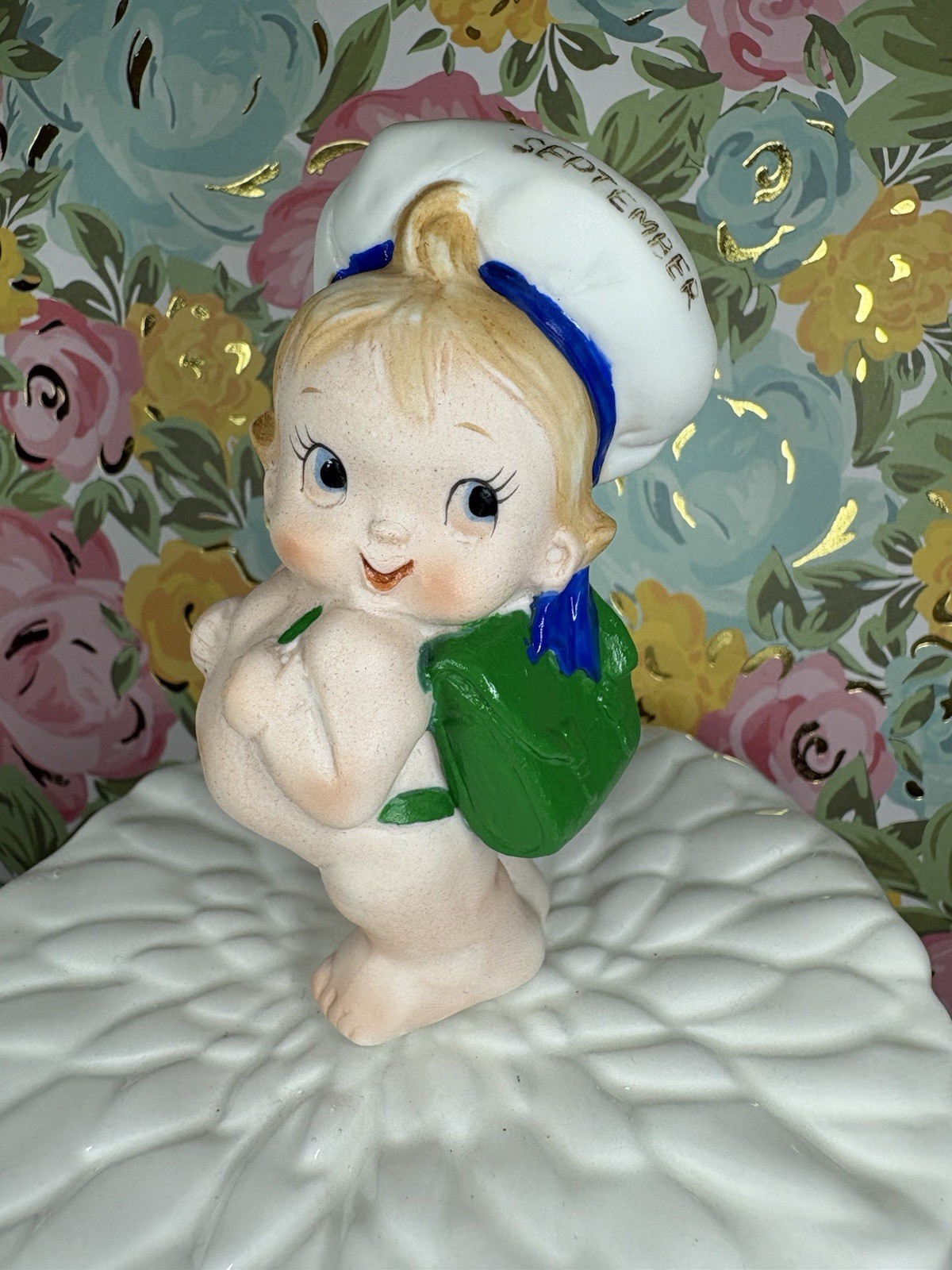 Vtg Lefton September Kewpie Baby In Sailor Hat W/ Green Backpack Figurine Japan
