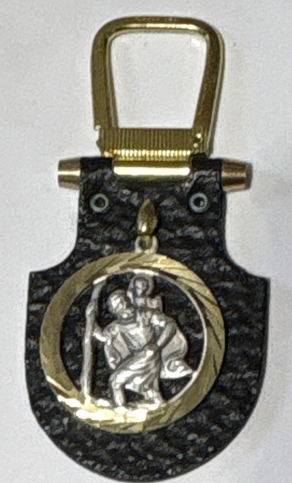 Vintage St Christopher Leather Key Fob Shield Keychain Gold Silver Tone Medal