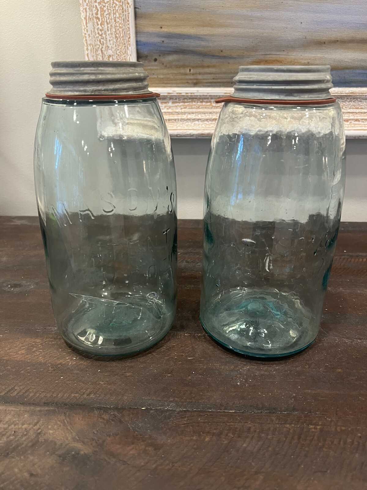 Set 2 Vtg Aqua Mason Jars Patent NOV 30th 1858 1/2 Gall Zinc Porcelain Lid Seal
