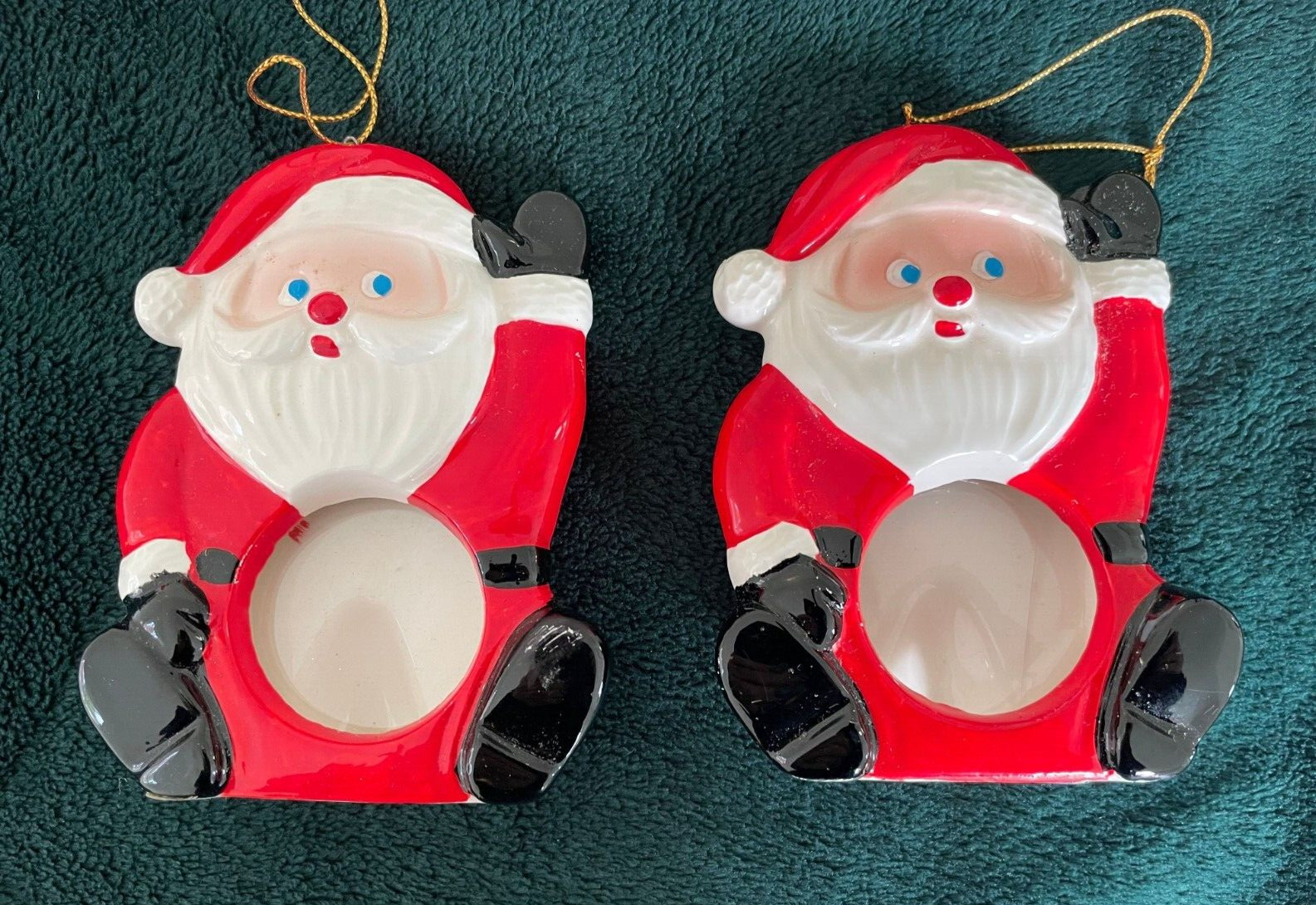 2 Vtg Japan Ceramic Photo Holder Ornament BLUE EYES Santa figure WAVING 4\