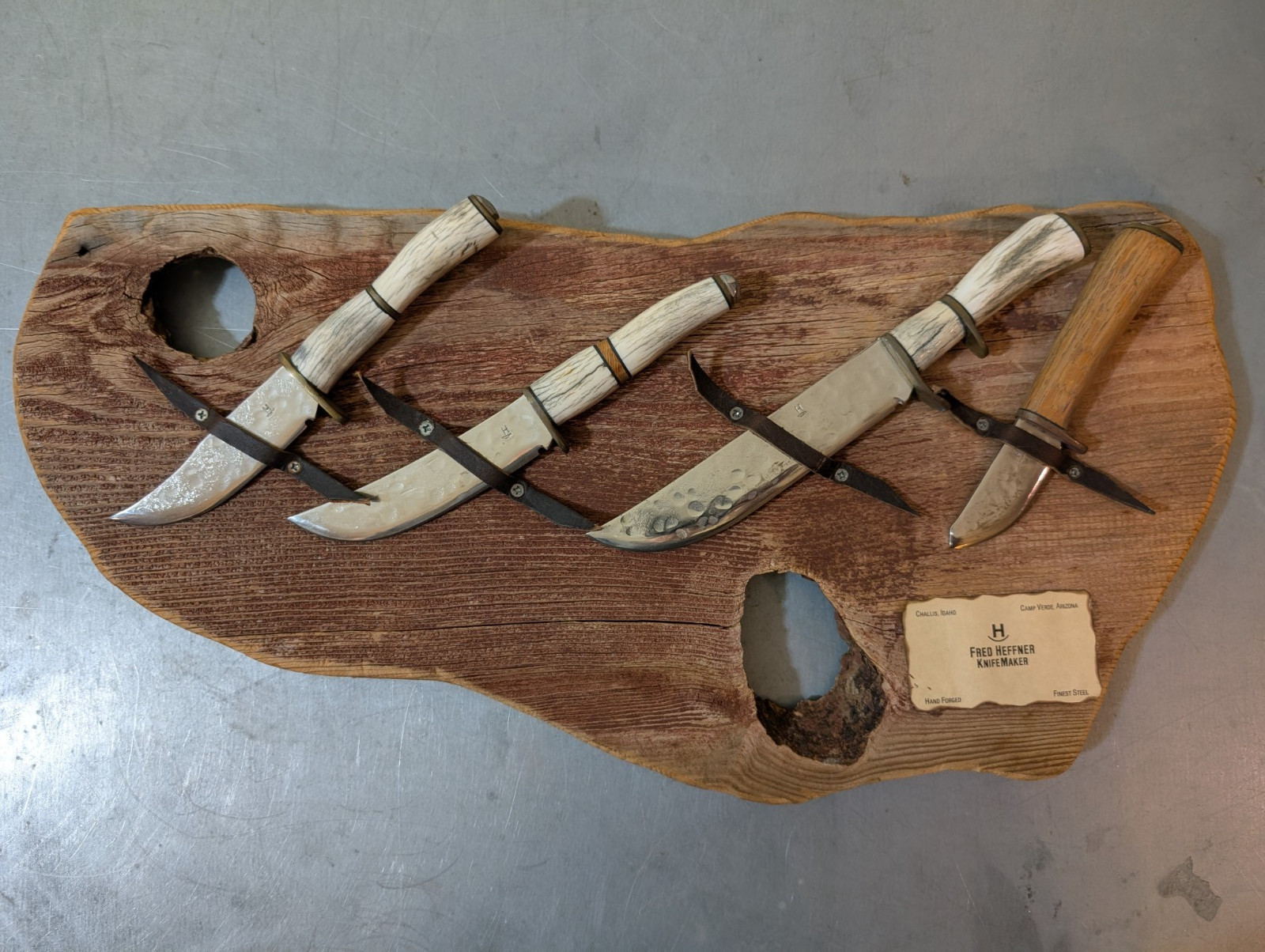 Fred Hefner Custom 4 Knife Set Handcrafted Stag Antler & Wall Display
