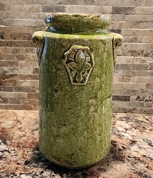 VINTAGE  Antique  French Glazed Green Pottery Stoneware Vase