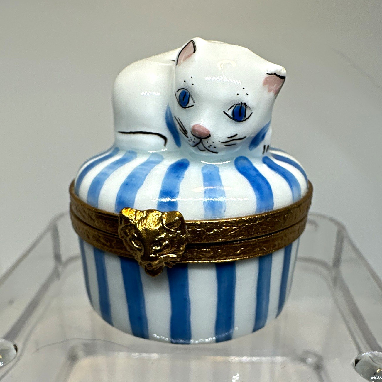 Limoges France Porcelain Cat Trinket Box Blue & White Striped Eximious