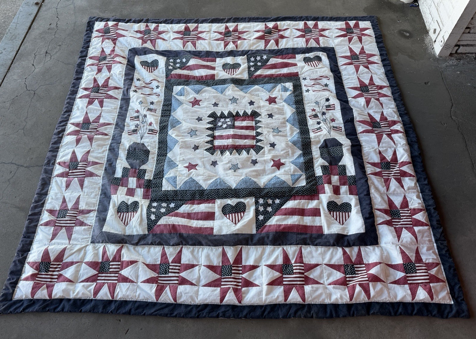 Vintage Feed Sack Beautiful Eight Point Star End American Flag Quilt 83x81 inch