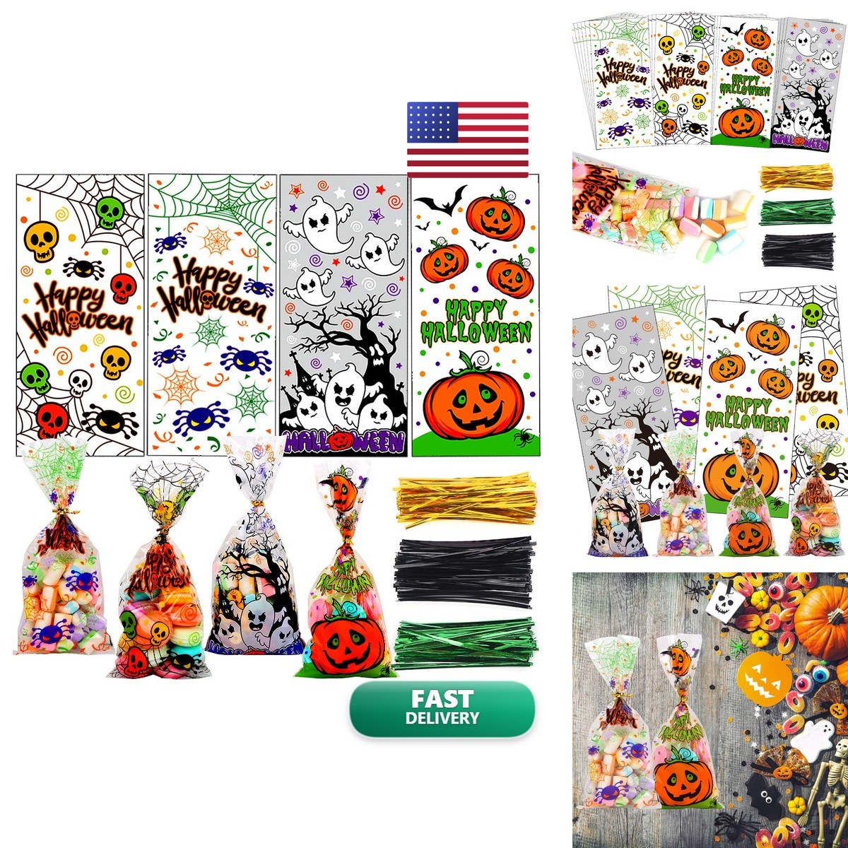 LOKIPA 200 Pcs Halloween Cellophane Candy Treat Bags with Twist Ties