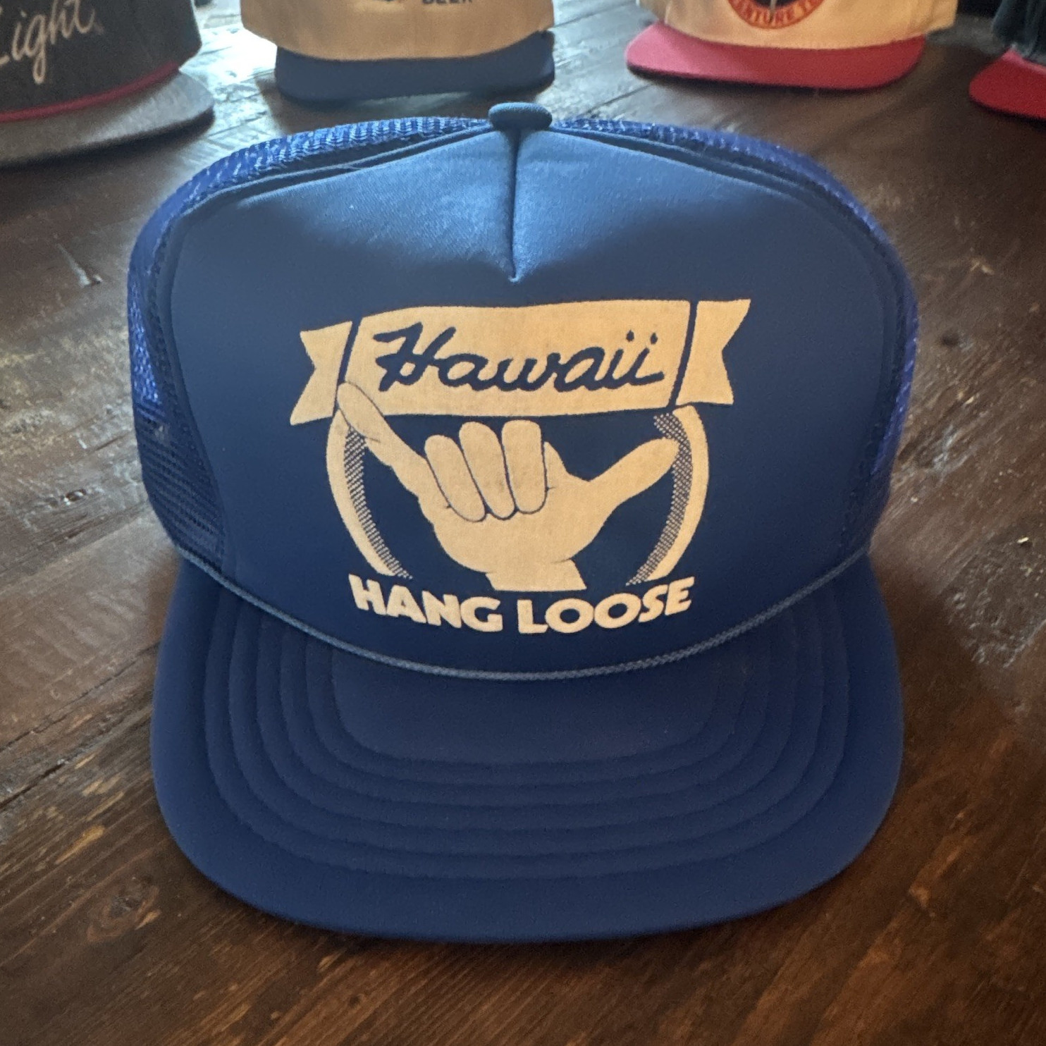 Vtg80s HAWAII HANG LOOSE Trucker Hat Shaka Rope Mesh Snapback Surf Cap Blue NWOT
