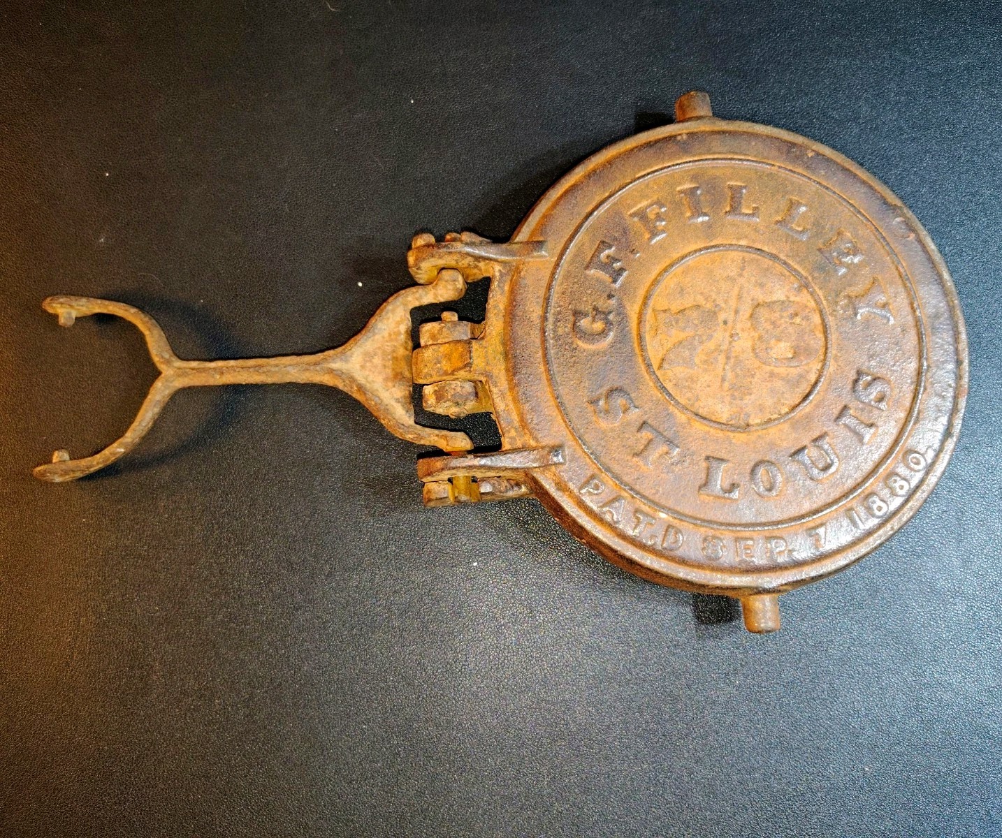 G.F. Filley Stove Top Waffle Iron Pat. 1880 Cast Iron Vintage Original No Base