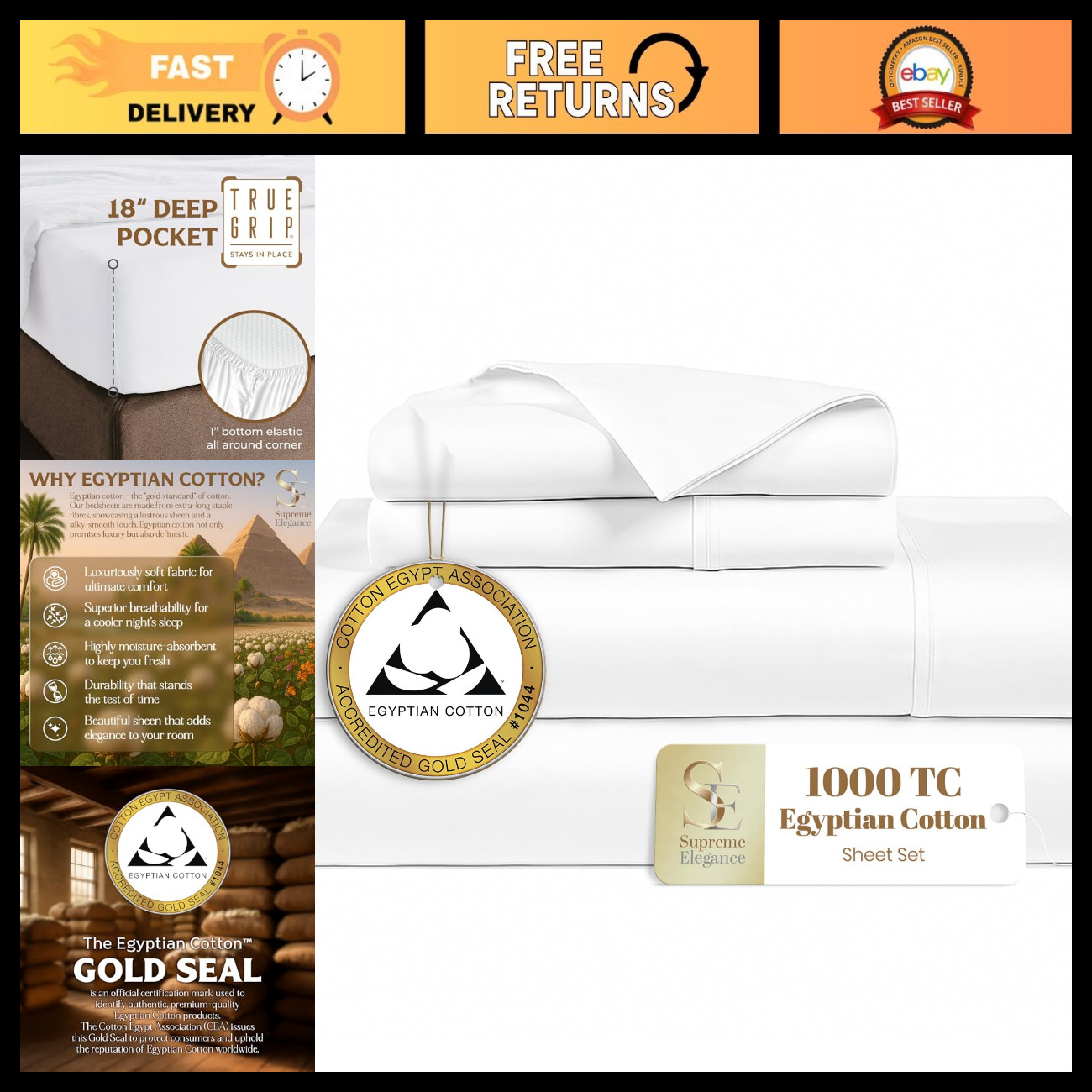 SUPREME ELEGANCE 100% Egyptian Cotton Full Bed Sheets Set, Arctic White