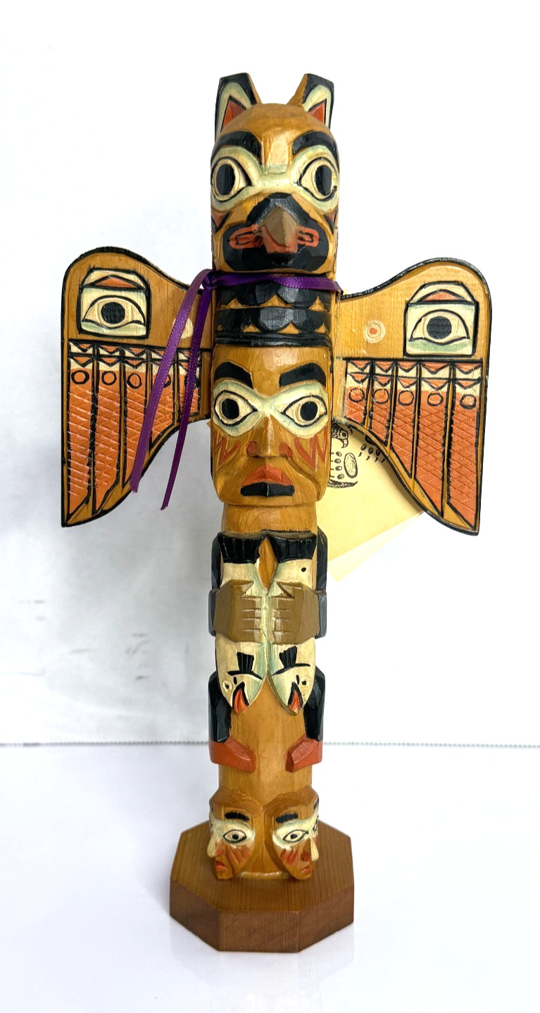 Hand Carved Alaska Black Diamond The Legend of Fog Woman Totem Pole Signed 10.5