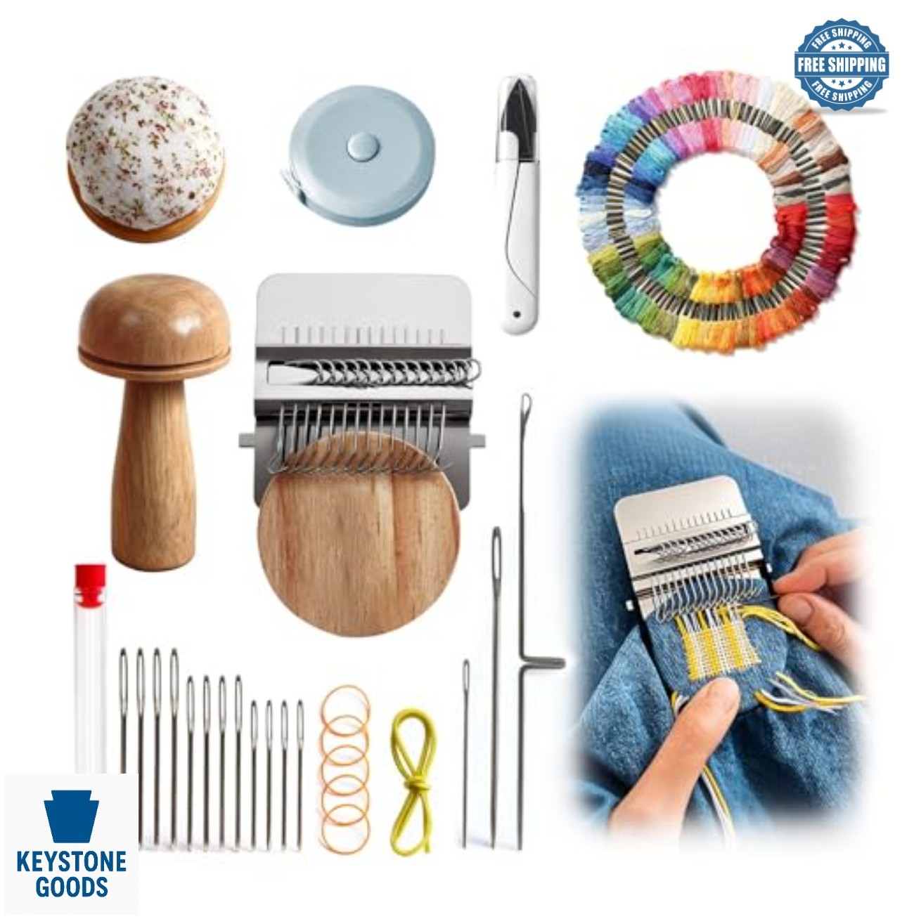 Darning Mushroom Mending Kit 100 Color Threads Scissors Tape Measure Weaving