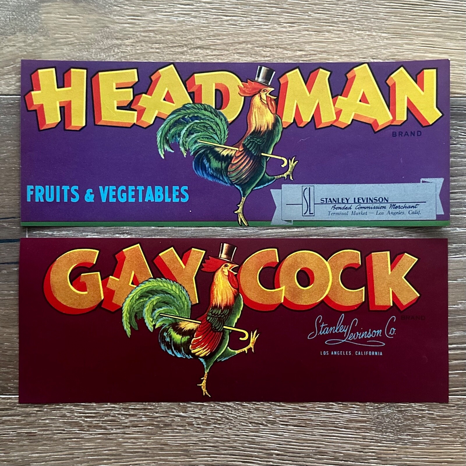 2 Vintage Original 1940s Dancing Rooster GAY COCK Headman CRATE BOX Label NOS