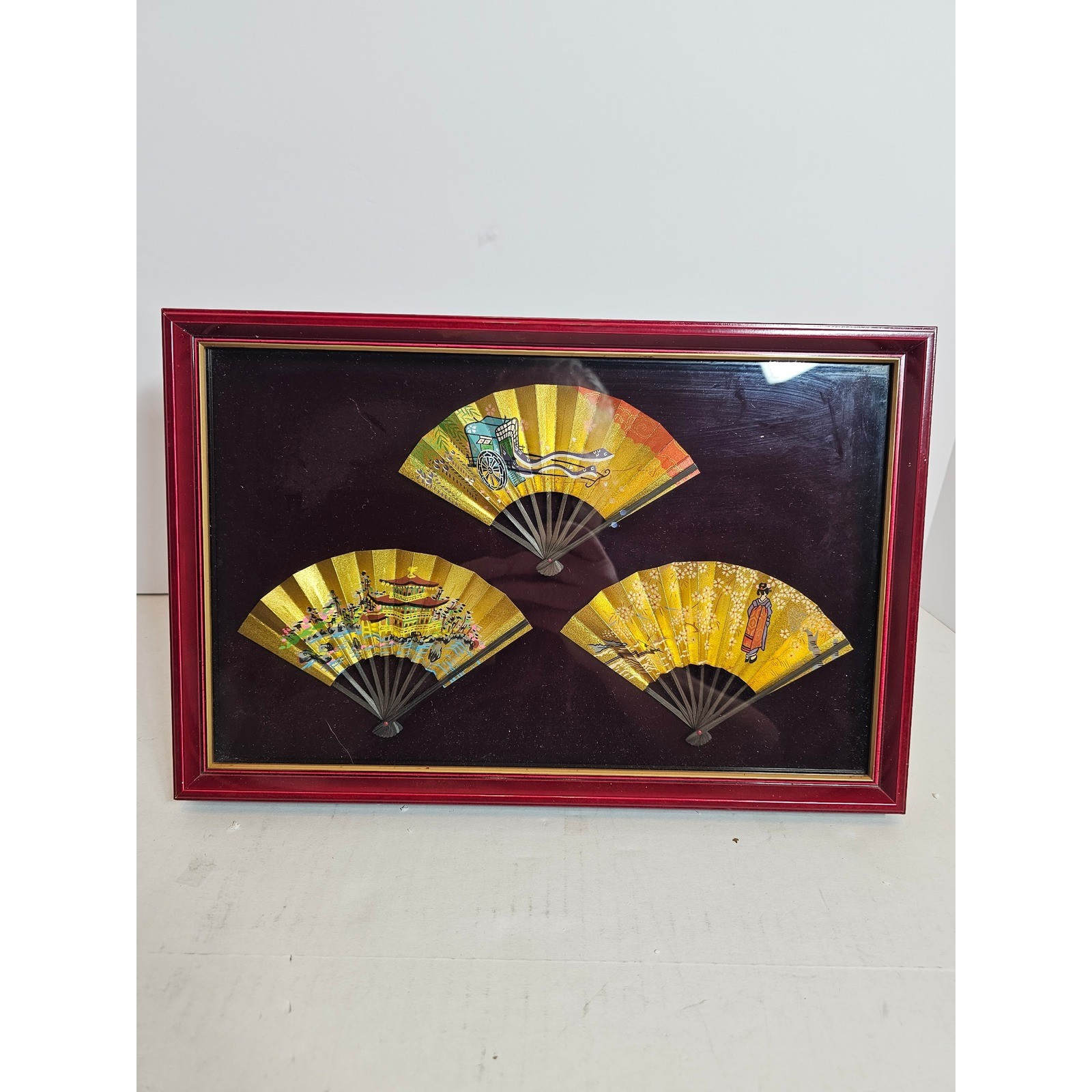Vintage Japanese Mini Folding Fan Shadow Box Art Gold Geisha Temple Red Frame