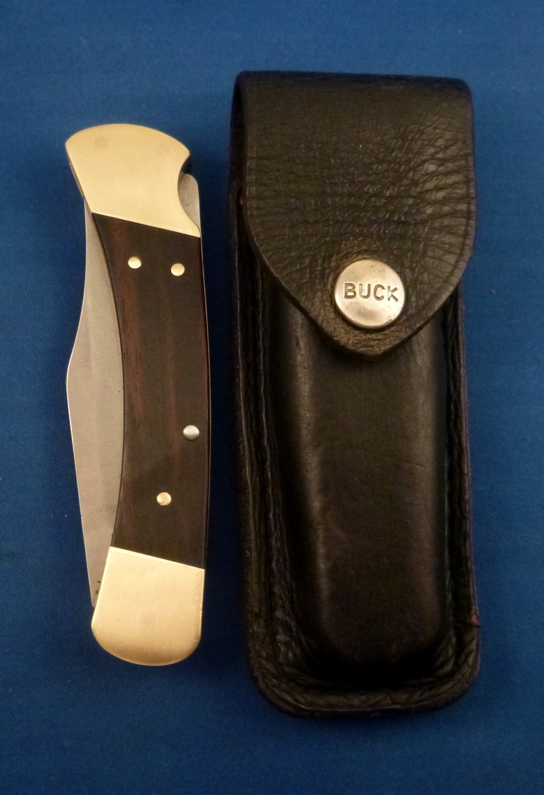VTG BUCK 110 2 dot 1970s folding Hunter Pocket Knife USA, w Buck leather sheath
