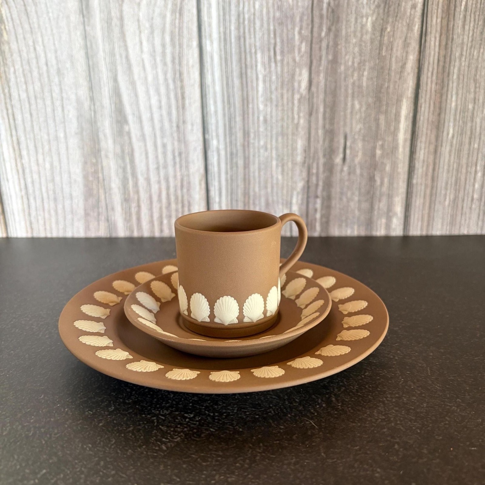 Vintage Wedgwood English Terracotta Jasperware Shell Motif Demitasse Set 3 Piece