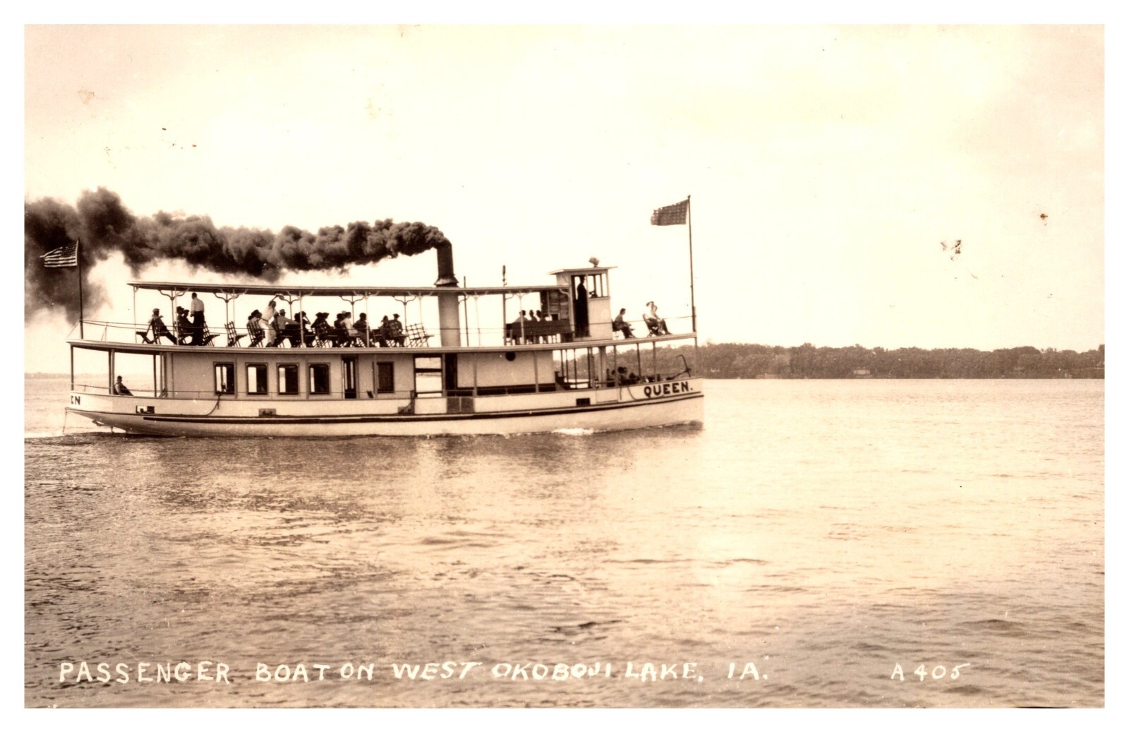 postcard Passenger Boat full of passengers on West Okoboji Lake Iowa  RPPC  6348