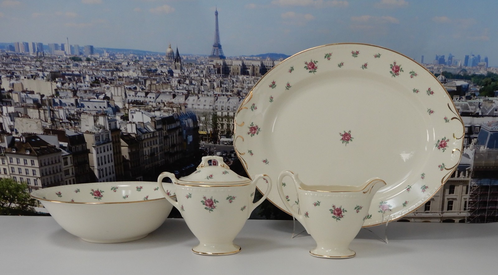 Vtg. Homer Laughlin Eggshell Georgian Rambler Rose Platter, Bowl,Sugar & Creamer