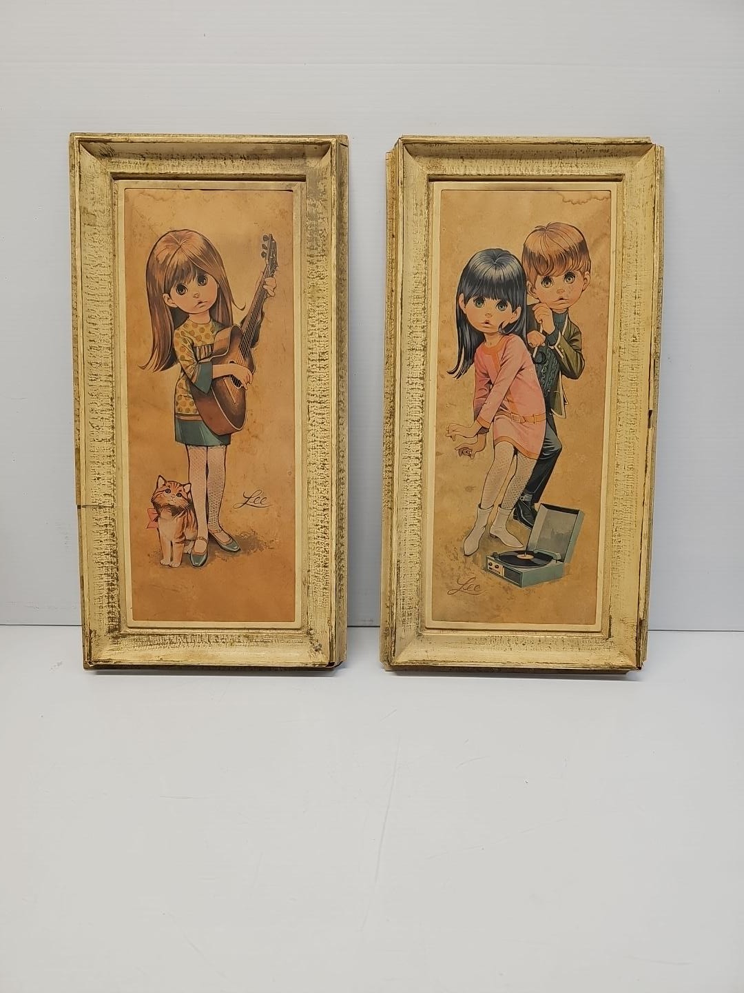 Vintage Lee Big Eye Kids Framed Wall Art Prints MCM 1960s 70s Set of 2