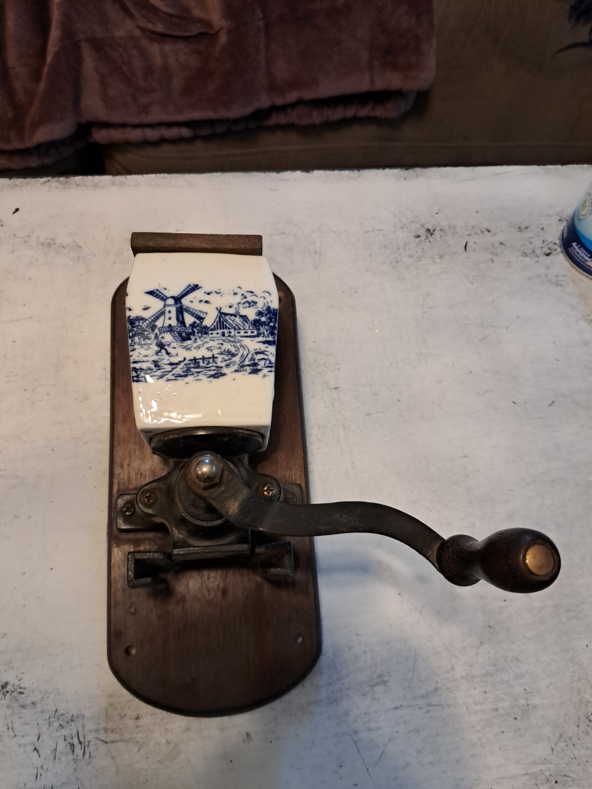 Antique wall Coffee Grinder with Delft Windmill jar, hand cranked, vintage