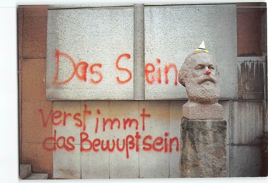 Postcard Satirical Photo of a Karl Marx Bust Adorned with a Clown Nose