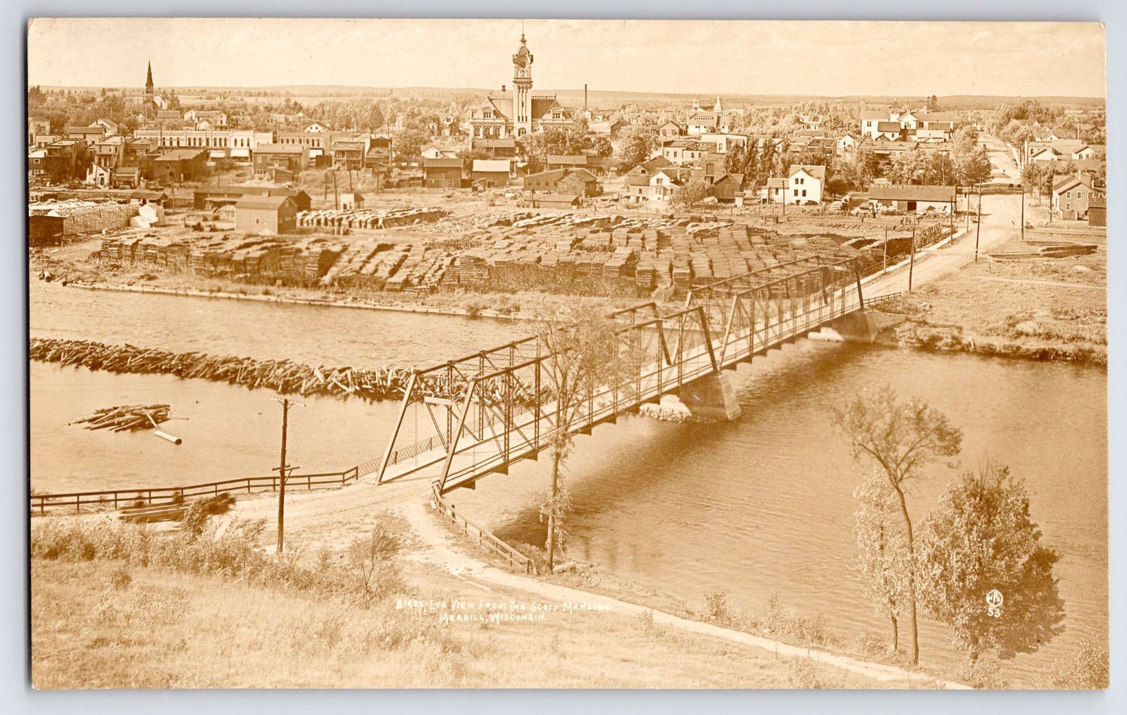 [40j10] Postcard RPPC Merrill Wisconsin 1911 Birds-Eye View from Scott Mansion